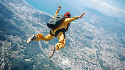 Daring Skydiver Freefall with Panoramic Earth View Below   Adrenaline pumping aerial adventure showcasing the thrill and beauty of skydiving over a breathtaking landscape photo