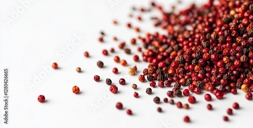 Close-up of red peppercorns scattered on white surface for culinary use