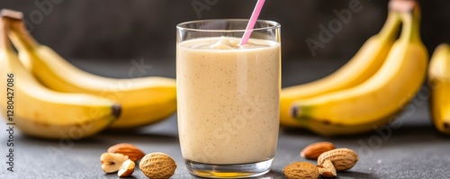 Creamy banana smoothie with almonds, served in a glass with a straw. photo