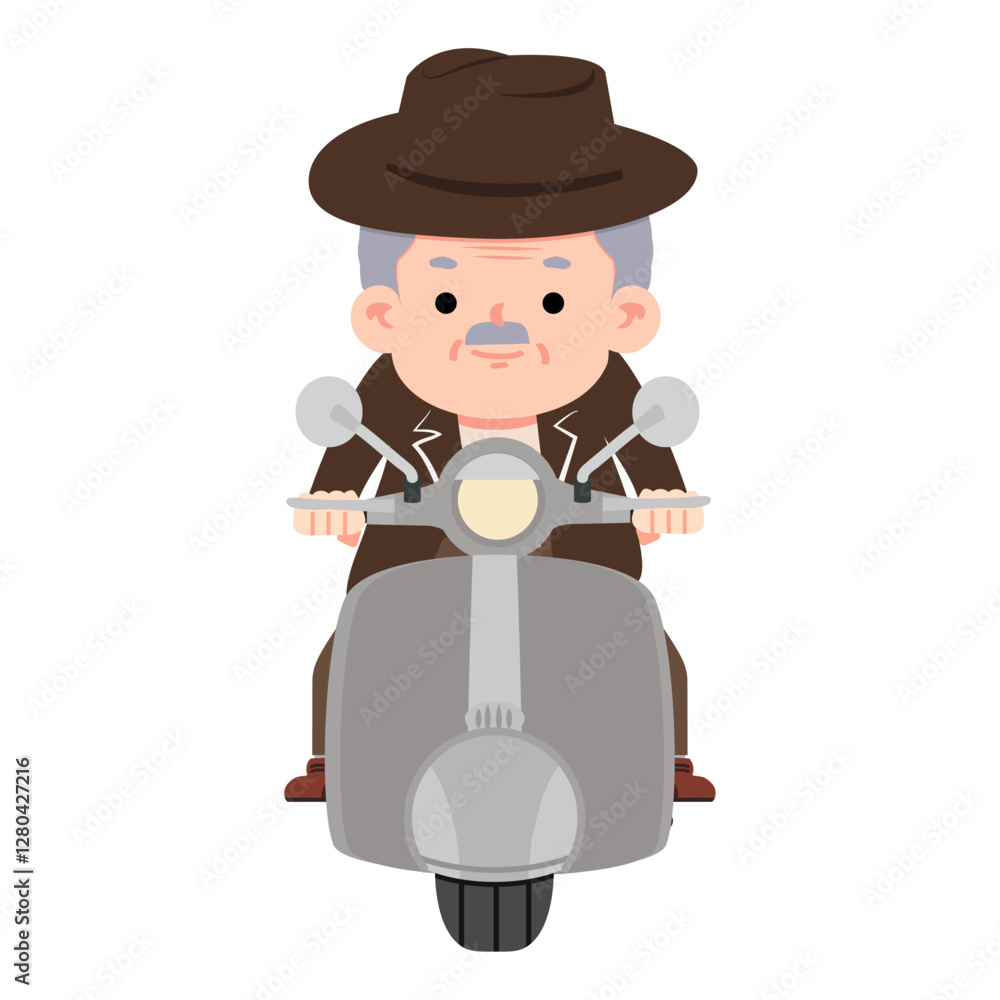 Fototapeta premium Old man riding motorbike front view
