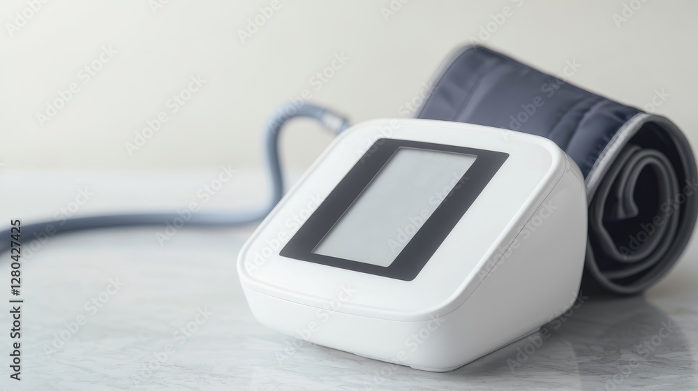 Digital blood pressure monitor with cuff on a light background, symbolizing health and wellness. Digital blood pressure monitor with cuff on a light background, symbolizing health and wellness.