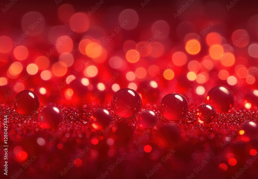 Reflections and Bokeh Effects of Red Water Droplets on Surface with Shimmering Sparkles and Intense Color Highlights in Artistic Presentation Reflections and Bokeh Effects of Red Water Droplets on Surface with Shimmering Sparkles and Intense Color Highlights in Artistic Presentation