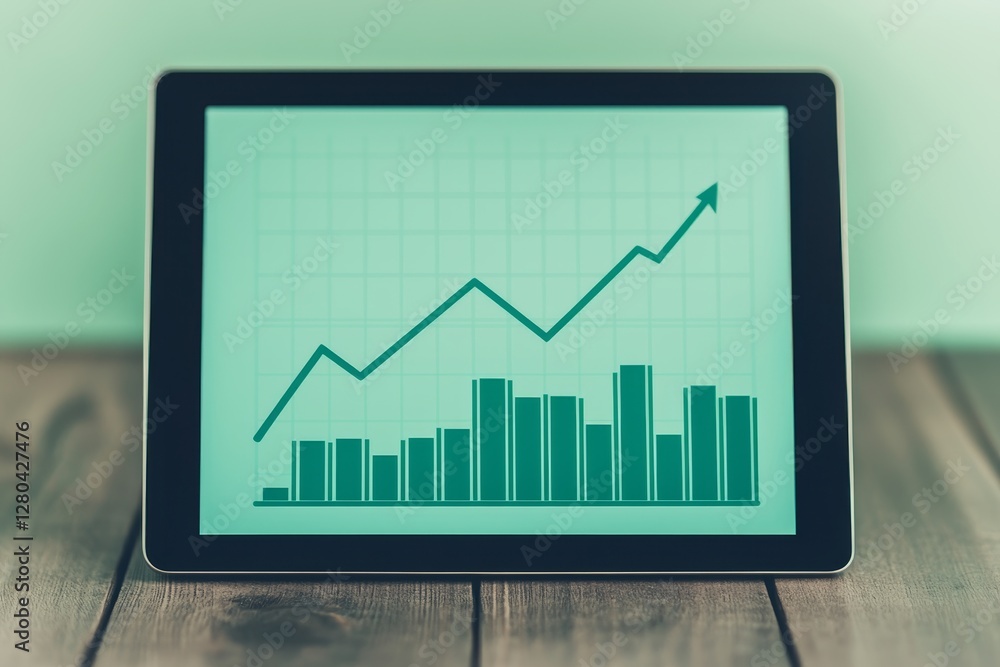 Digital tablet displaying a rising graph on a wooden table background. Digital tablet displaying a rising graph on a wooden table background.