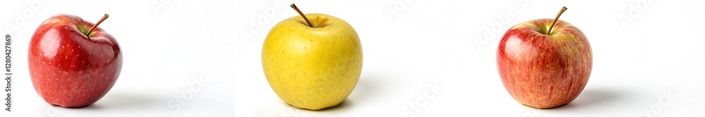 Three apples of different colors are shown on a white background. The apples are red, yellow, and green Three apples of different colors are shown on a white background. The apples are red, yellow, and green