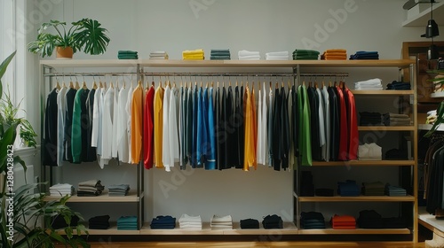 Closet with a variety of clothes hanging on racks organized by color and style