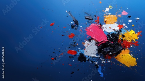 Various paint blobs scattered across a blue surface creating an artistic and colorful display