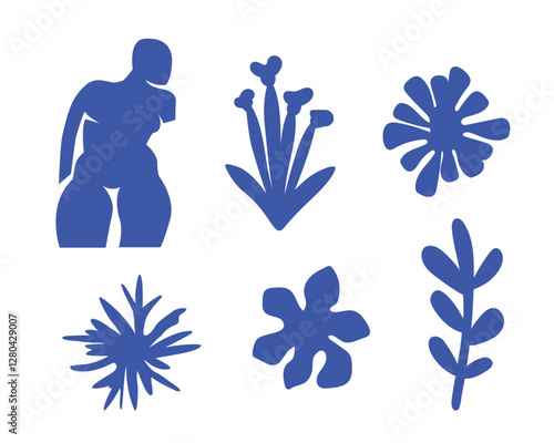 Summer botanical set with abstract floral design elements. Tropical Silhouettes of Birds, flowers, plants and woman figure enjoying sunset on nature. Abstract shapes leaves flat art. Isolated. Vector