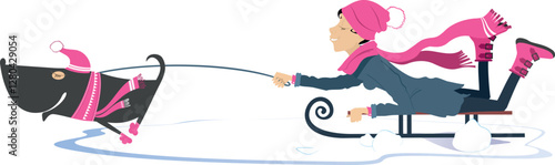 Happy dog. Girl rides on sledge.
Dog dragging a young woman on a sledge. Pretty young girl rides on sledge in warm clothes like hat and scarf
