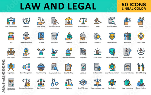 Law and Legal icons set with legal consultation, law firm, legal advice, legal document, courtroom, scales of justice, gavel, legal research, attorney, judge icon. Simple lineal color vector 
