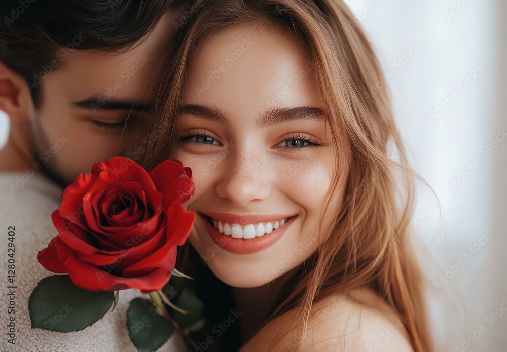 Romantic Couple Smiling Together with a Red Rose, Capturing Joy and Love in a Soft Light Setting, Emphasizing Connection and Happiness in Relationships Romantic Couple Smiling Together with a Red Rose, Capturing Joy and Love in a Soft Light Setting, Emphasizing Connection and Happiness in Relationships