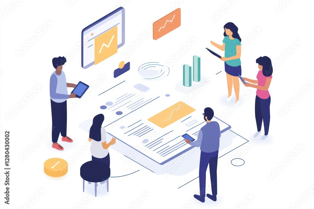 Obraz premium A top-down view of a startup team discussing project plans, using mobile devices and charts.