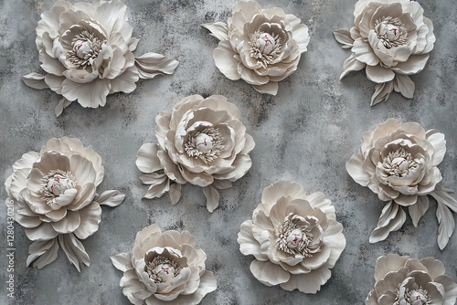 Elegant Cream Peonies Arranged in a Delicate Pattern on a Textured Backdrop. Generative AI