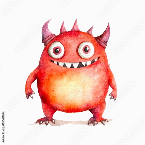 Watercolor illustration of a cute little red monster isolated on white background.