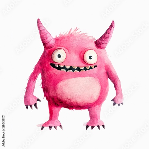 Watercolor illustration of a cute little pink monster isolated on white background.