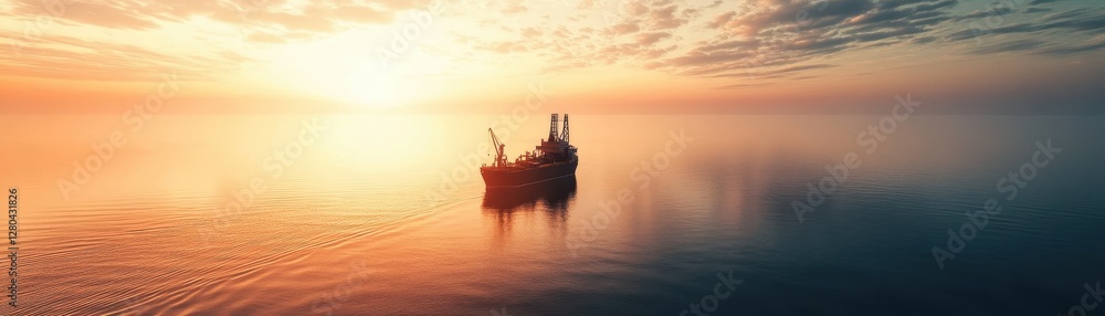 Fototapeta premium Serene Aerial View of a Jack-Up Offshore Oil Rig Bathed in Warm Light
