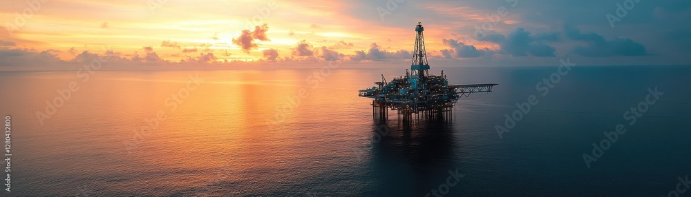 Obraz premium Serene Aerial View of a Jack-Up Offshore Oil Rig Bathed in Warm Light