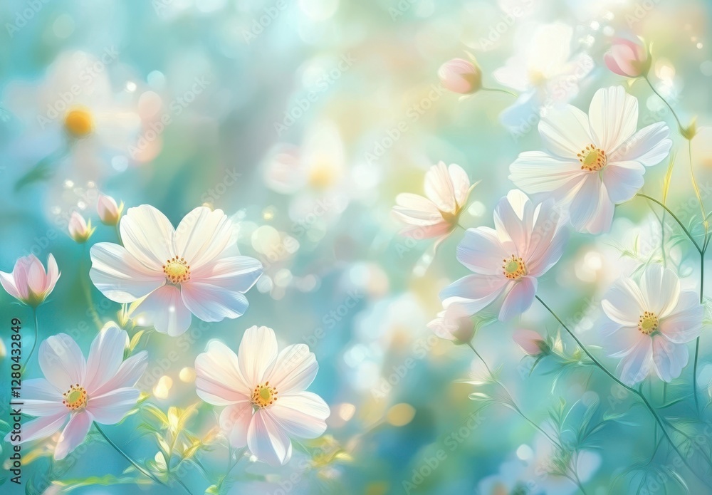 Naklejka premium Serene Floral Background with Delicate Pink and White Cosmos Flowers Bathed in Soft Light for Nature and Spring-Themed Design Projects
