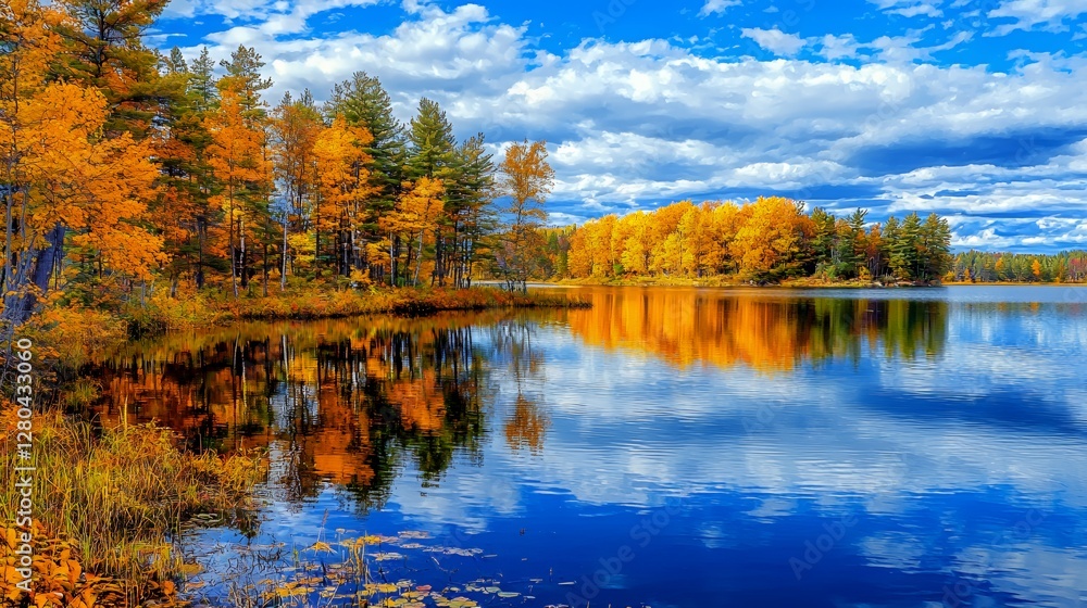 Autumn Lake Reflection: Golden Trees and Blue Sky Autumn Lake Reflection: Golden Trees and Blue Sky