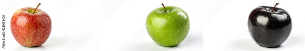 Three apples of different colors are shown in a row. The apples are green, red, and black Three apples of different colors are shown in a row. The apples are green, red, and black