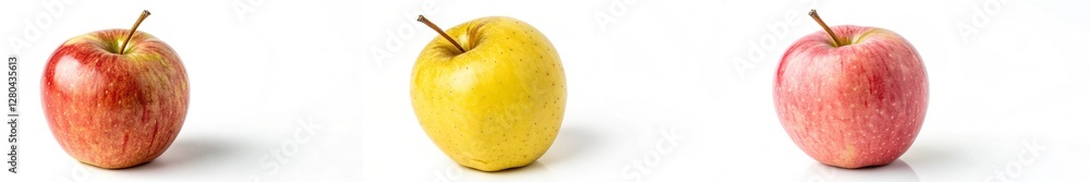 Three apples of different colors are shown in a row. The apples are yellow, red, and green Three apples of different colors are shown in a row. The apples are yellow, red, and green