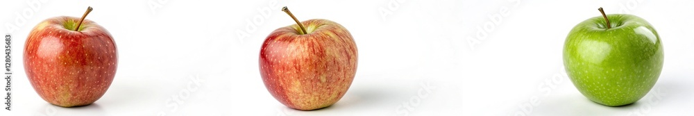 Three apples of different colors are shown in a row. The apples are red, green, and yellow Three apples of different colors are shown in a row. The apples are red, green, and yellow