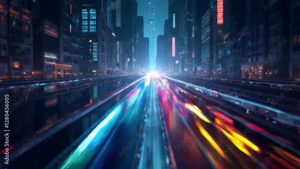 Futuristic Cityscape, Dynamic Light Trails in a Digital Metropolis Journey Futuristic Cityscape, Dynamic Light Trails in a Digital Metropolis Journey