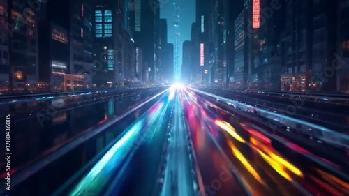 Futuristic Cityscape, Dynamic Light Trails in a Digital Metropolis Journey