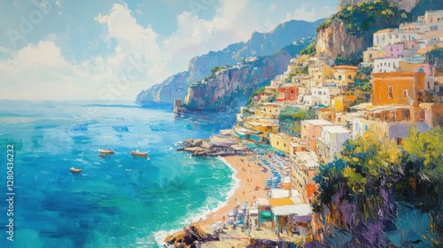 coastal scenery, with vibrant pastel houses on the cliffs
