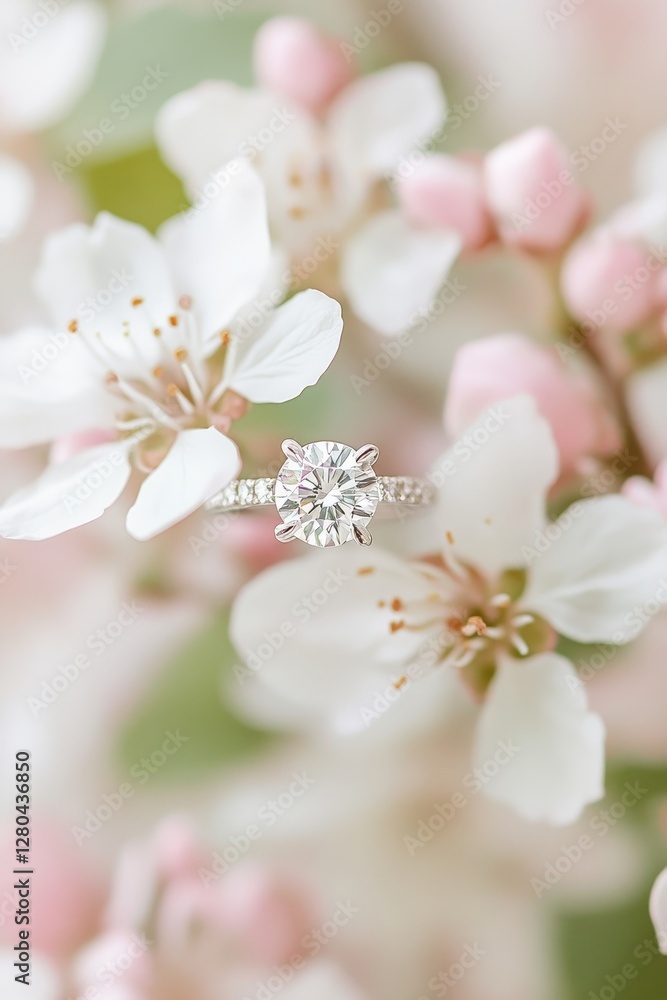 Dazzling engagement ring elegantly resting on a flower branch, adorned with soft pastel hues. Dazzling engagement ring elegantly resting on a flower branch, adorned with soft pastel hues.