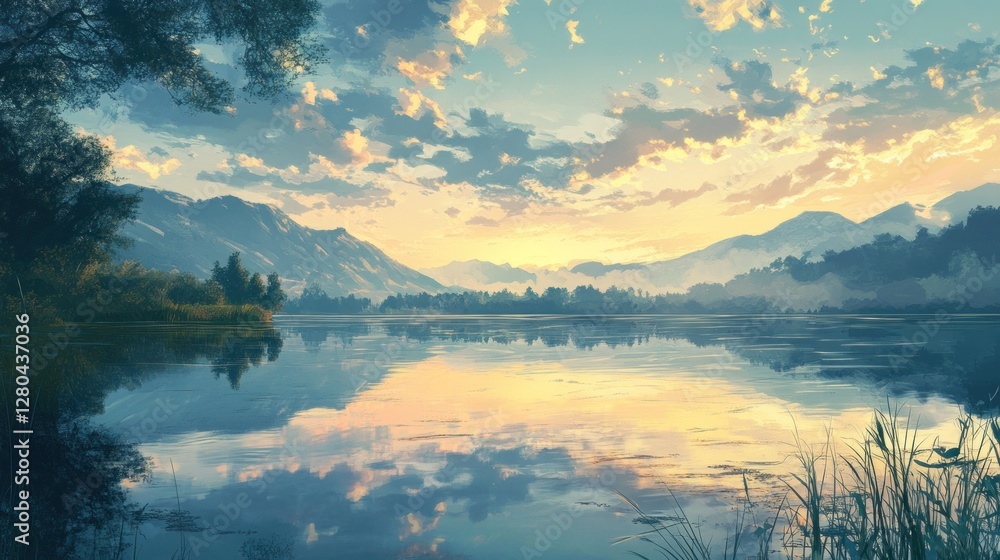 Fototapeta premium Serene sunset mirroring in calm waters, mountain backdrop scenery