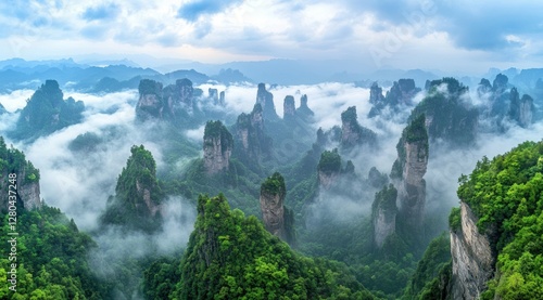 Majestic foggy mountainscape zhangjiajie aerial photography natural landscape panoramic view serenity