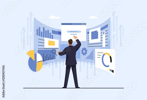Data analysis, research charts and infographic diagrams for business, finance and economics. Businessman optimizes production strategy, manager plans company growth and development. Flat vector