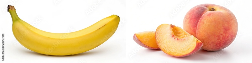 A banana beside a peach with a slice, highlighting their textures and colors. A banana beside a peach with a slice, highlighting their textures and colors.