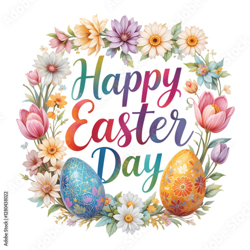Happy Easter Day: Floral Wreath & Eggs isolated on transparent background
