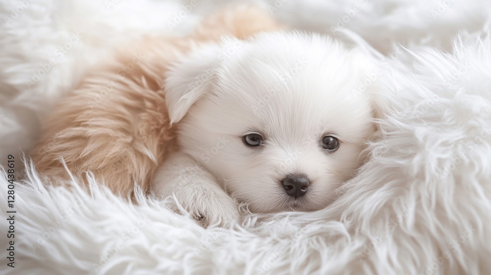 Adorable White Puppy Resting on Fluffy White Blanket Adorable White Puppy Resting on Fluffy White Blanket
