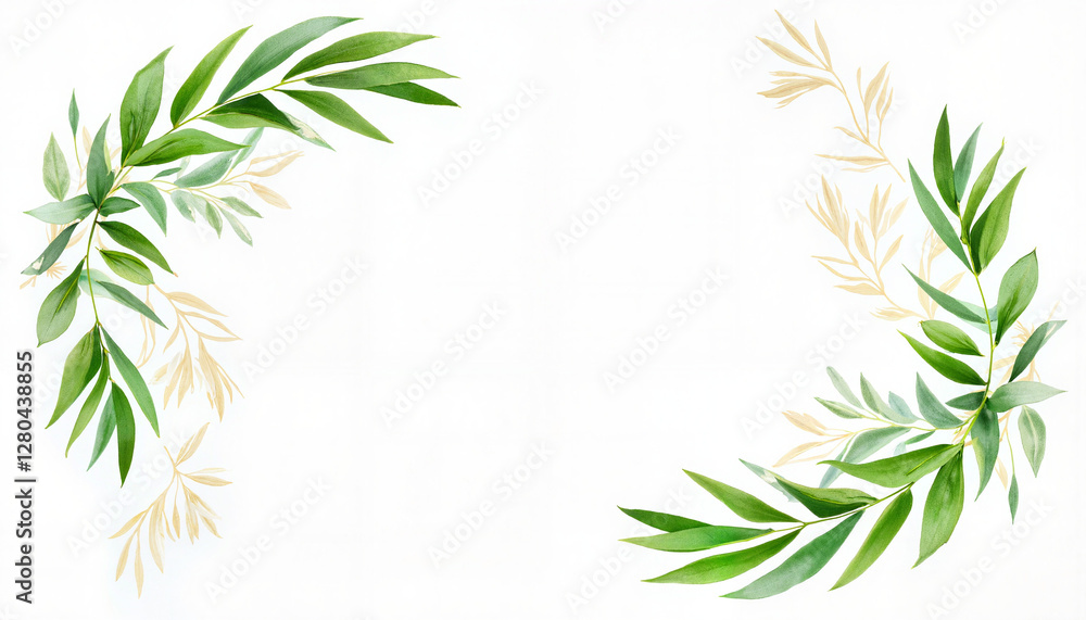 Fototapeta premium Delicate watercolor palm leaves wreath on white backdrop, artistic design