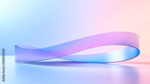 A smooth, translucent Möbius strip with a gradient of blue and purple hues, set against a soft gradient background transitioning from light blue to light pink.

