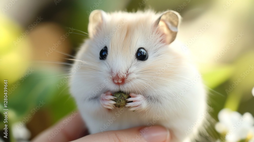Adorable Cream Hamster Held in Hand Outdoors Adorable Cream Hamster Held in Hand Outdoors