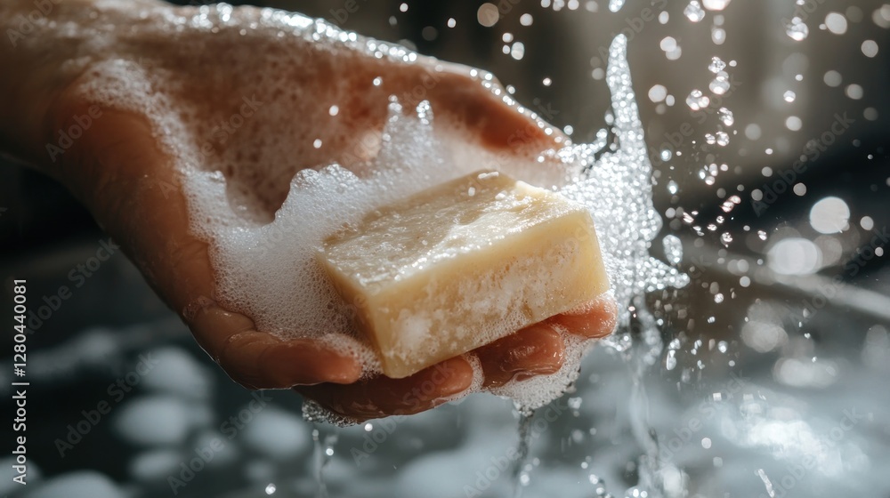 Fototapeta premium Hand Holding Natural Soap Bar with Bubbles and Flowing Water Detail