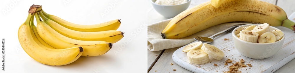 A bunch of bananas with sliced pieces, highlighting their versatility and appeal. A bunch of bananas with sliced pieces, highlighting their versatility and appeal.