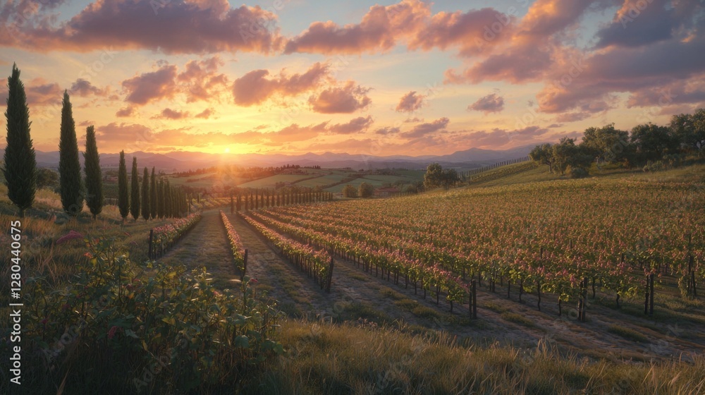 Obraz premium Serene Sunset Over Vineyard Landscape with Rows of Grapevines and Majestic Mountains in Background