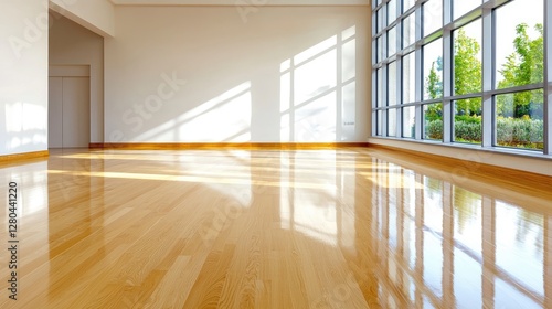 Sunny empty room, hardwood floor, large window, green view, real estate