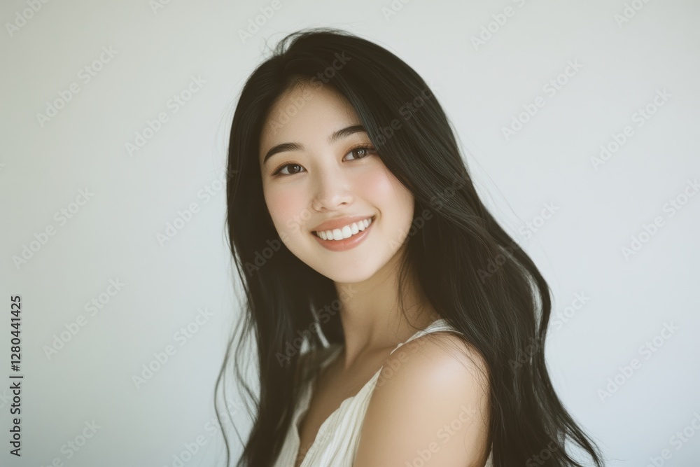 Joyful portrait of a smiling young woman studio setting photography soft lighting close-up beauty concept Joyful portrait of a smiling young woman studio setting photography soft lighting close-up beauty concept