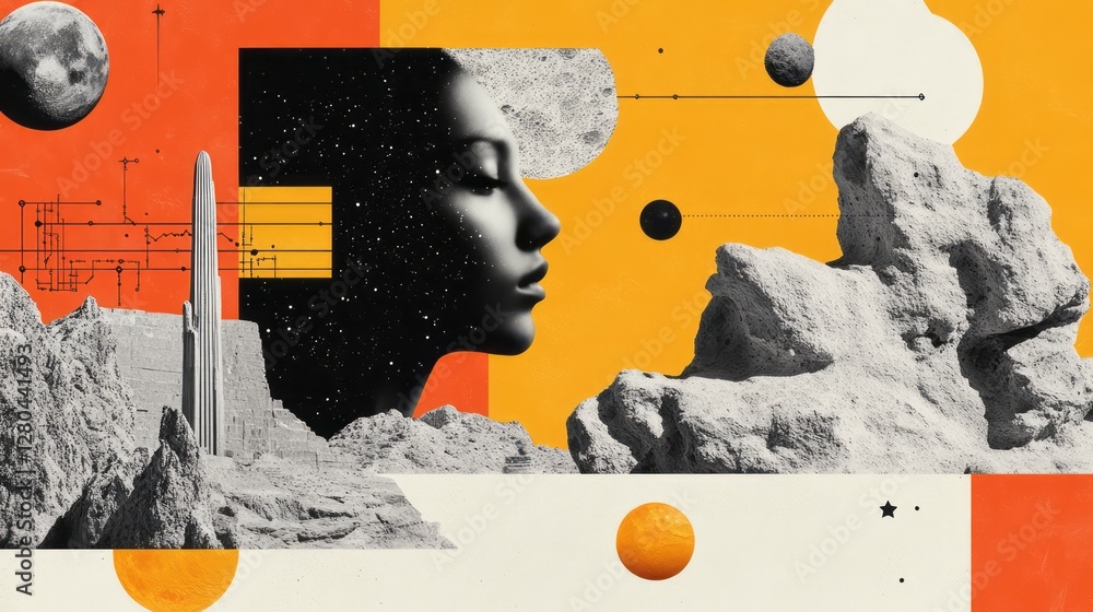 Fototapeta premium Surreal landscape featuring celestial bodies and a woman in profile