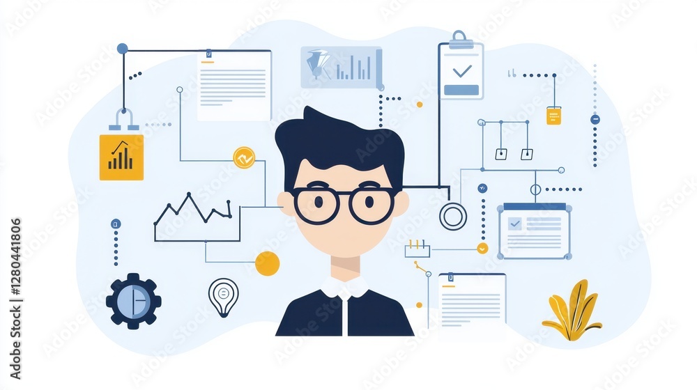 Young professional with glasses surrounded by data analysis and business management infographics and elements in a modern flat design style Young professional with glasses surrounded by data analysis and business management infographics and elements in a modern flat design style