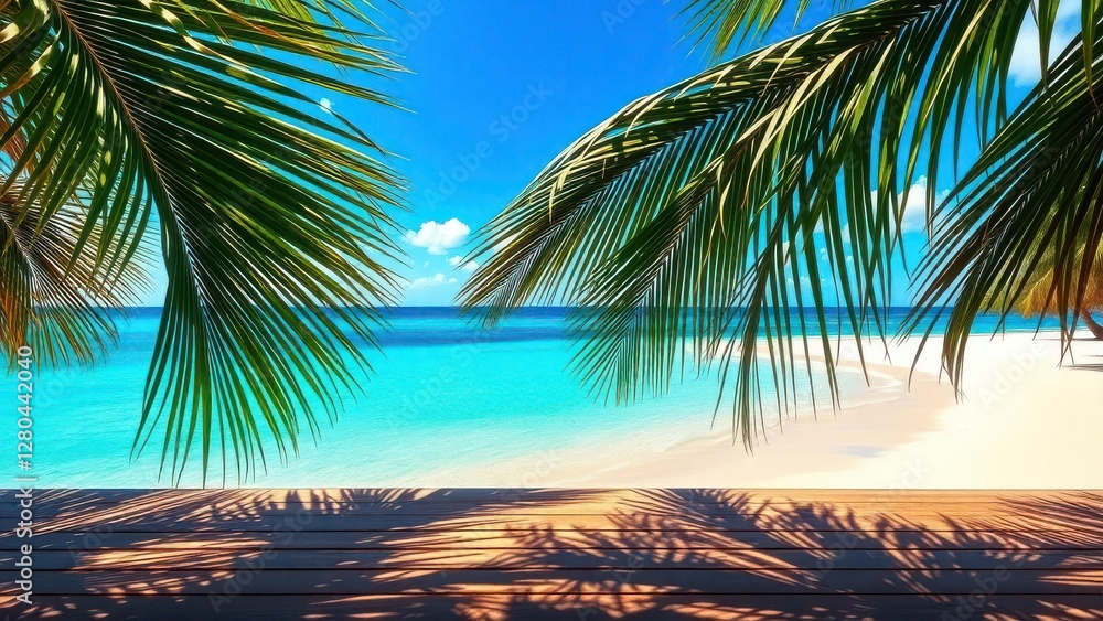 Fototapeta premium palm trees on the beach with a blue sky and water, 