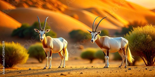 Endangered scimitar oryx photographed with a tilt-shift effect, creating a miniature world of  cute African antelope in the savanna. photo