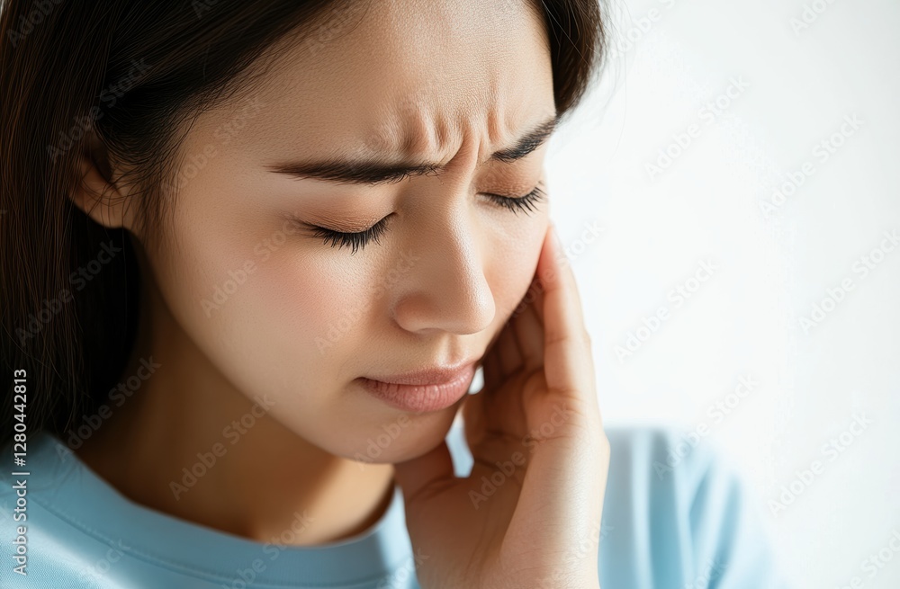 Woman experiencing toothache indoor setting emotional portrait soft lighting close-up view health concept Woman experiencing toothache indoor setting emotional portrait soft lighting close-up view health concept