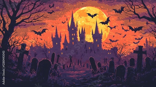 Haunted castle with spiky towers silhouetted against a full moon surrounded by eerie gravestones and flying bats in a dark gothic landscape