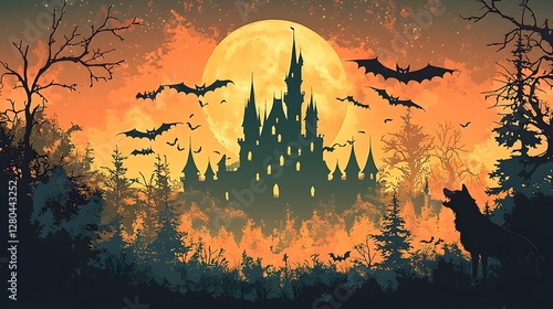 Haunting silhouette of a spooky castle under a full moon in a dark eerie forest  Bats fly across the sky as a wolf howls in the distance creating an atmospheric supernatural scene